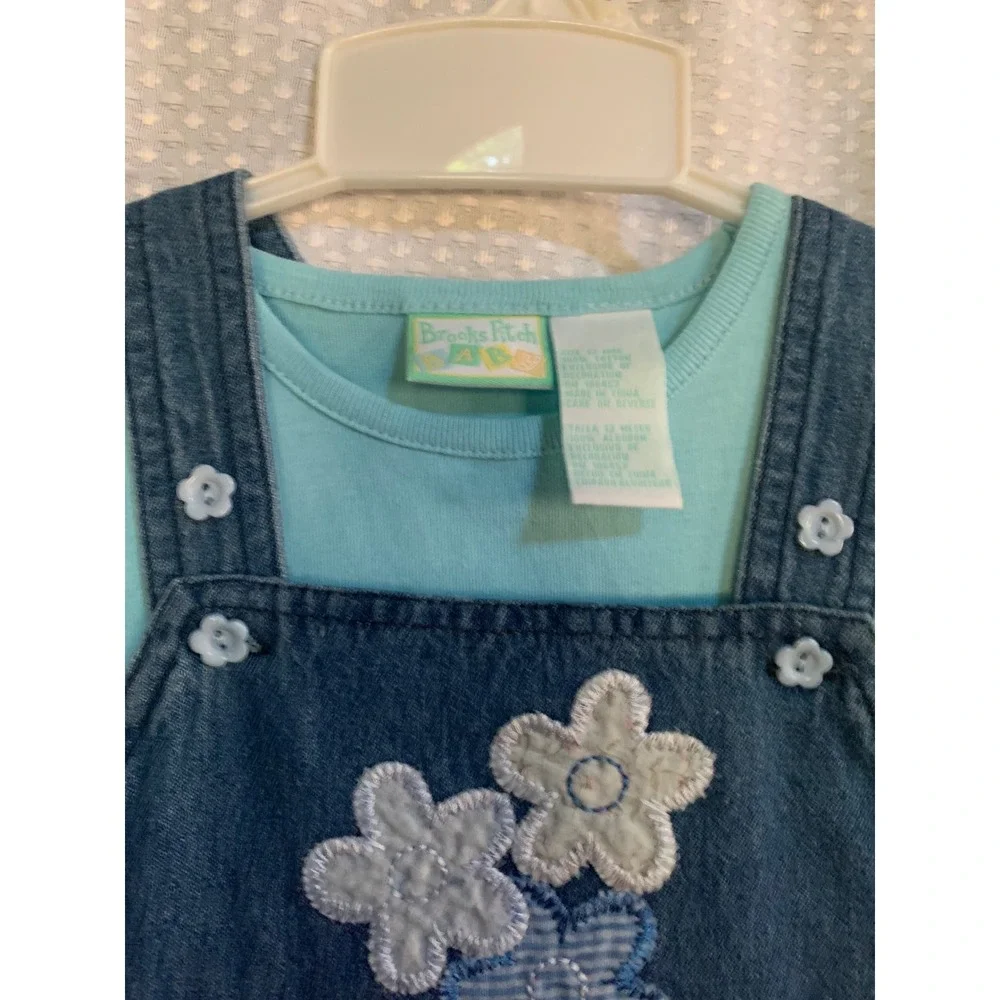 Brooks Fitch Baby Girls 12M Denim Floral Overalls &‎ Mint T-Shirt 2pc Set NWT